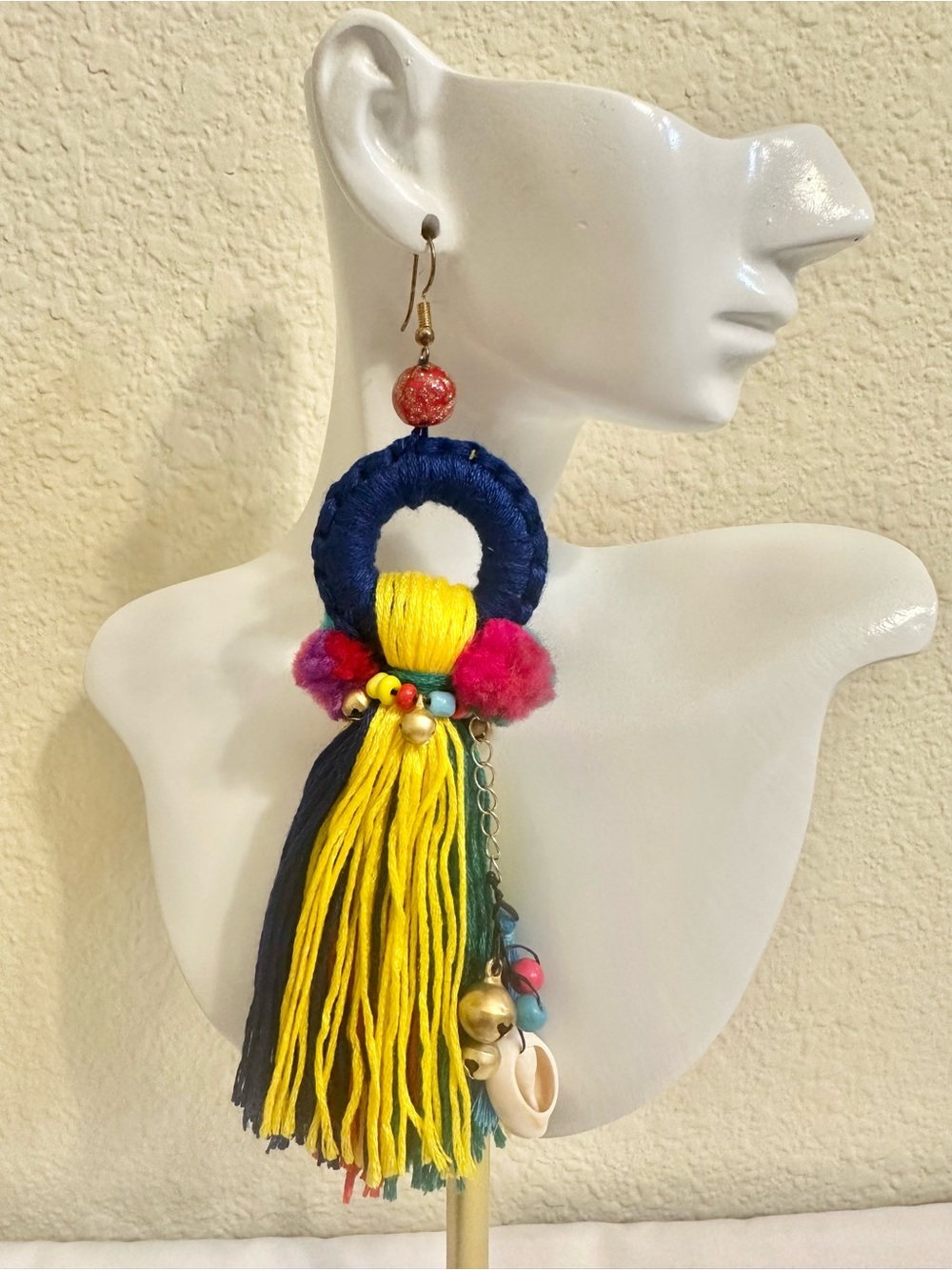 6-1/2ā Colorful Bohemian Tassel Drop Earrings - Navy & Yellow